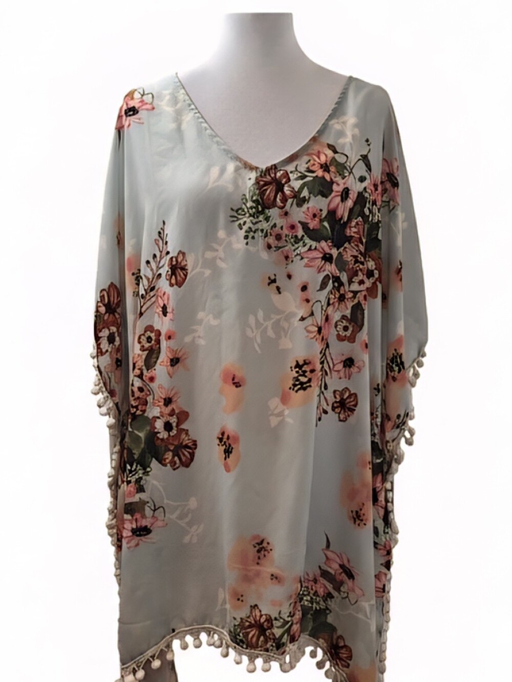 Floral Pom-Pom Trim V-Neck Tunic Top - Light Blue SWIMWEAR, BEACHWEAR